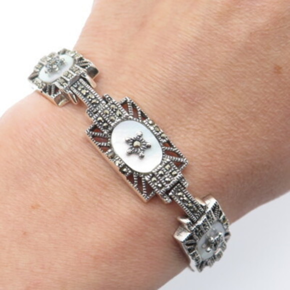 925 Sterling Silver Vintage Real MOP & Marcasite Star Oxidized Panel Bracelet 7